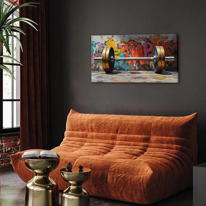 VANSEEING Graffiti Gym Wall Art Canvas Prints Barbell Weightlifting Fitness Picture Sport Motivational Artwork Oil Painting Wall decor for Workout Bedroom Fitness Boys Room 40x20 inch-StrideForce Fitness