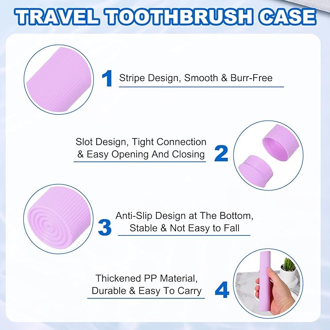 uxcell 2Pcs Travel Toothbrush Case, 7.9x1.2x1.2 Portable Travel Toothbrush Holder with Stripe, Plastic Toothpaste Container for Bathroom, Gym, Business Trip, Camping, Purple