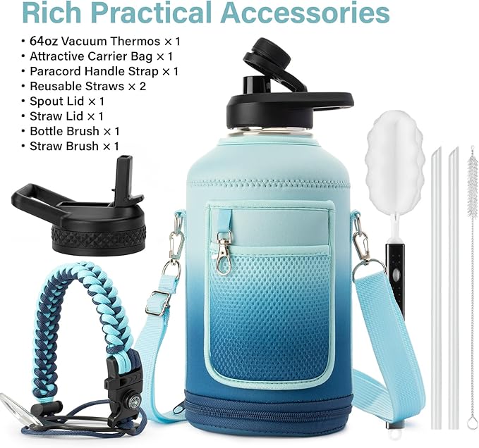 Insulated Water Bottle | Thickened Stainless Steel Vacuum Metal | Portable Sports Half Gallon Large Water Jug for Gym and Hiking with Straw, Carrier Bag, Handle Strap | BPA-Free 64 oz-StrideForce Fitness