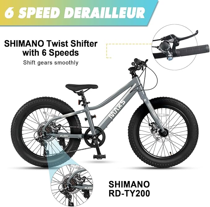 Glerc Mars Kids Mountain Bike, 20 24 Inch Fat Tire Bike for Teen Ages 6-14 Year Old, Bicycle with 2.8-Inch Wide Tires and 6 Speed Drivetrain, Multiple Colors-StrideForce Fitness
