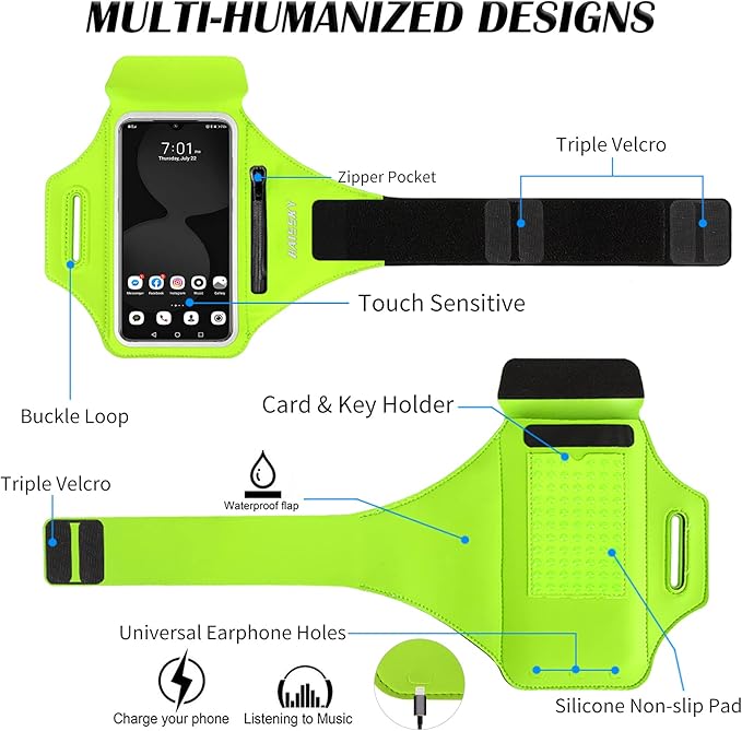 Running Armband with Earphone Bag Cell Phone Armband for iPhone 16 15 Pro 14 Plus 13 11 XR XS, Galaxy S24/S10 Water Resistant Sports Phone Holder Case & Zipper Slot Car Key Holder for 6.7 inch Phone-StrideForce Fitness