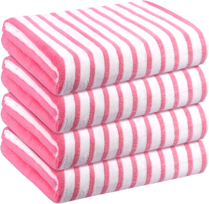 JML Microfiber Beach Towels, Bath Towel Set (4 Pack, 27" x 55") - Extra Large, Soft, Absorbent, Fast Drying, Multipurpose for Hair, Bathroom, Swimming, Fitness, Sport, Yoga -Stripe Pink-StrideForce Fitness