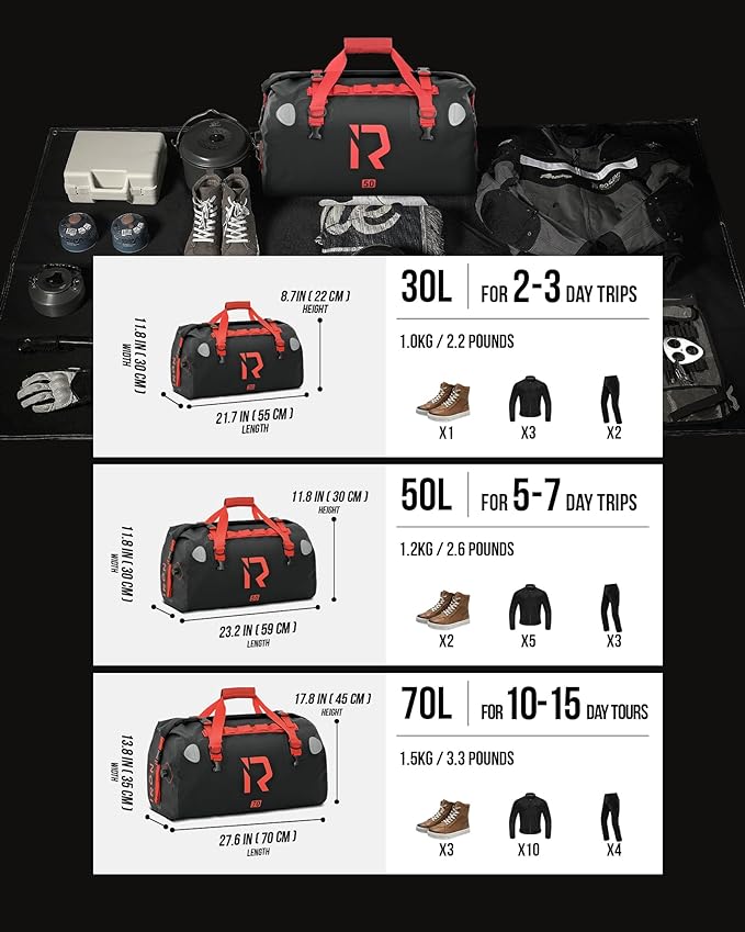 BORLENI Waterproof Motorcycle Dry Duffel Bag Luggage Tail Bag with Large Storage Space,Roll Top Closure, Shoulder Straps, Inner Pocket and Mesh Pocket for Motorcycling Travel Camping (Black,50L)-StrideForce Fitness