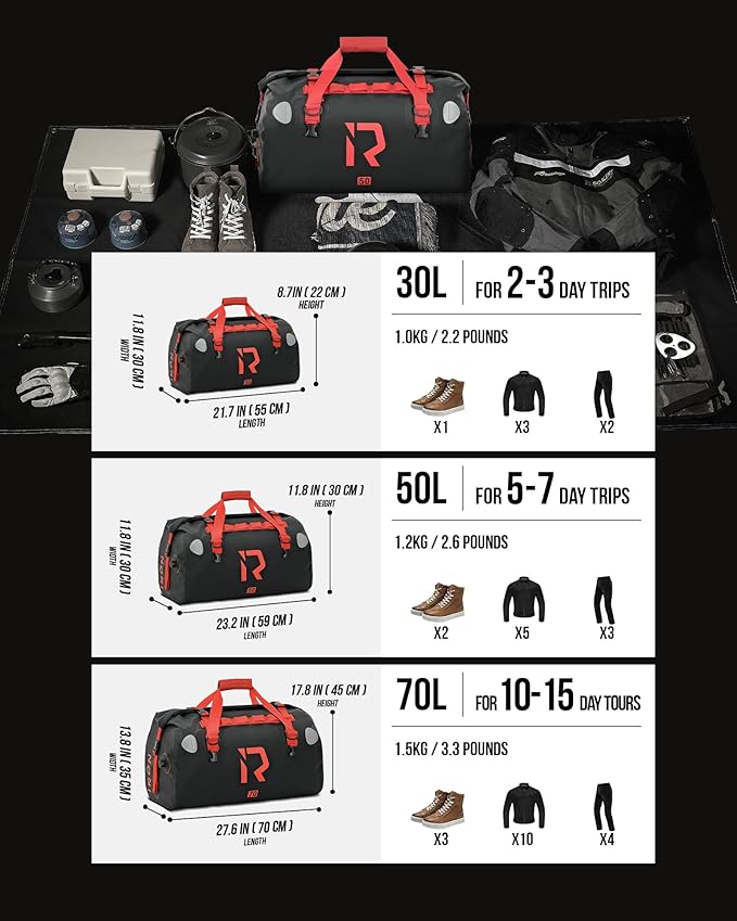 BORLENI Waterproof Motorcycle Dry Duffel Bag Luggage Tail Bag with Large Storage Space,Roll Top Closure, Shoulder Straps, Inner Pocket and Mesh Pocket for Motorcycling Travel Camping (Black,70L)-StrideForce Fitness