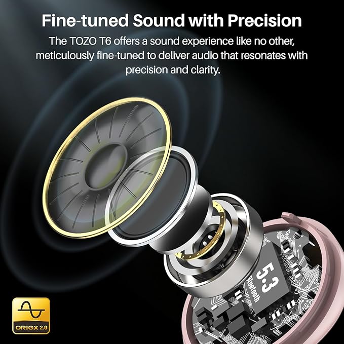 TOZO T6 Wireless Earbuds, IPX8 Waterproof Ear Buds, Stereo Bass Sound Bluetooth 5.3 Headphones in Ear, 50 Hours Playtime Earphones, Wireless Charging Case, Custom 32 EQ via APP-StrideForce Fitness
