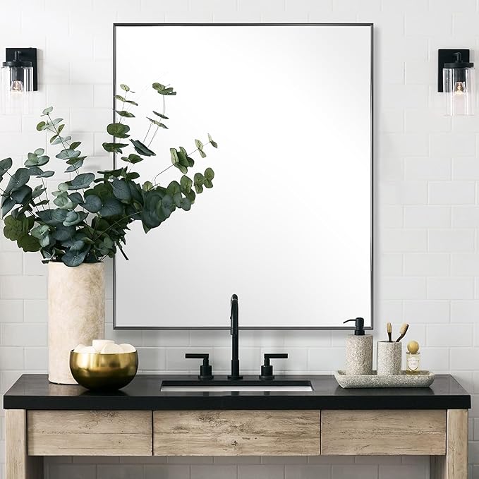 30x36 Inch Black Bathroom Mirror for Wall, Aluminum Frame Rectangle Rectangular Vanity Mirror, Modern Large for Bedroom, Living Room, Horizontal or Vertical-StrideForce Fitness