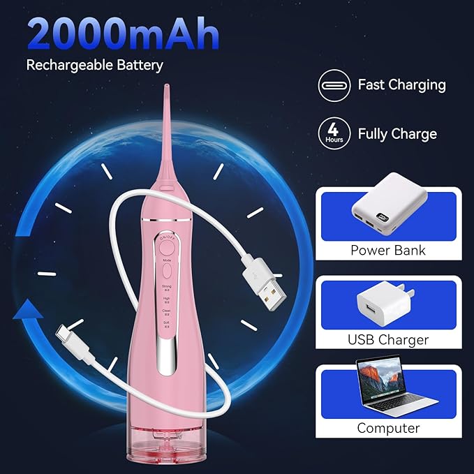 Water flossers for Teeth Pick, Portable Oral Irrigator Dental with 4 Modes 5 Jet Tips, IPX7 Rechargeable Water Tooth Flosser for Braces Sensitive Gum Care，300ml Tank for Home Travel Use