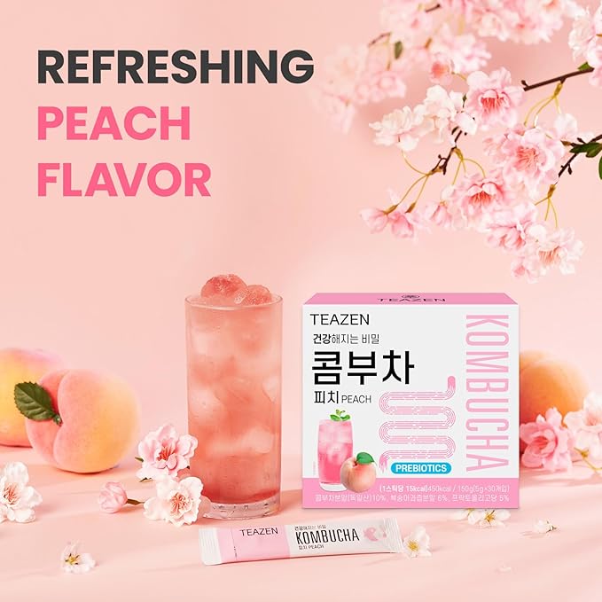 TEAZEN Peach Kombucha Tea, Hydration Drink Mix, Sugar Free, Live Probiotics & Prebiotics, 30 Sticks, 5.29oz-StrideForce Fitness