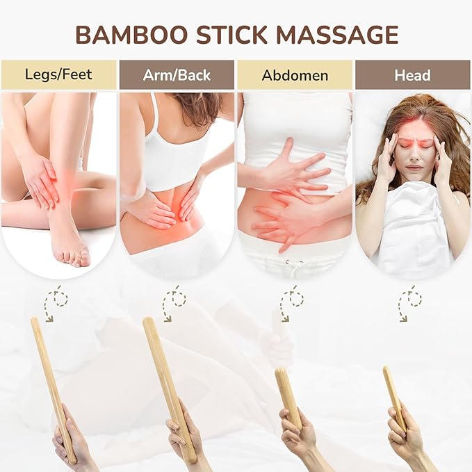 4PCS Solid Bamboo Massage Sticks & Guasha Set with Roller/Stick - 100% Bamboo Therapy Tools for Neck/Arm/Back/Legs/Full Body, Deep Tissue Massage, Muscle Relaxation, Body Shaping, Fatigue Relief-StrideForce Fitness