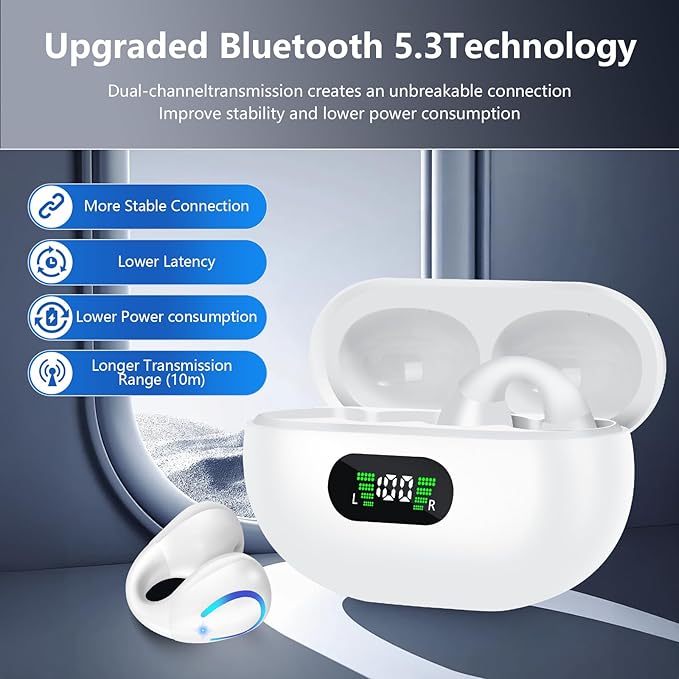 Open Ear Bone Conduction Headphones Bluetooth 5.3 Clip On Earbuds with Digital Display Charging Case 60 Hours Playtime Sport Earphones Built-in Mic IPX7 Waterproof for Running Fitness White-StrideForce Fitness