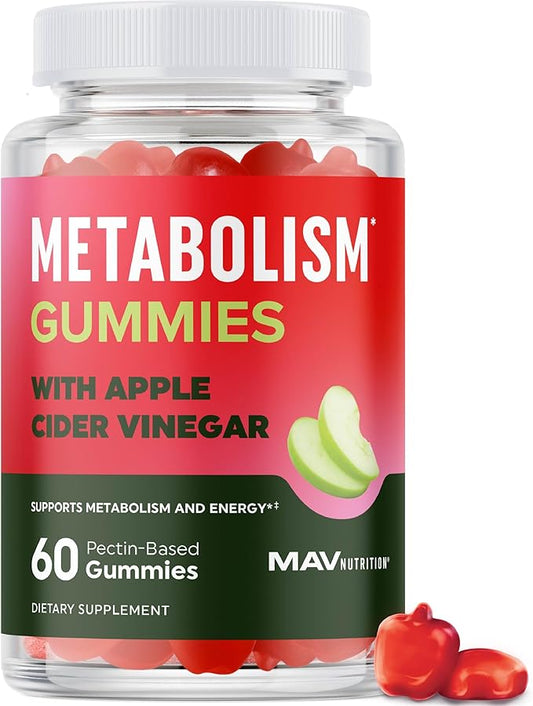 Metabolism Gummies with Apple Cider Vinegar | Energy, Digestion & Lean Body Mass Support | Apple Cider Vinegar Gummies with The Mother, B12 & Folate | Metabolism Support for Women & Men | 60 Ct.-StrideForce Fitness