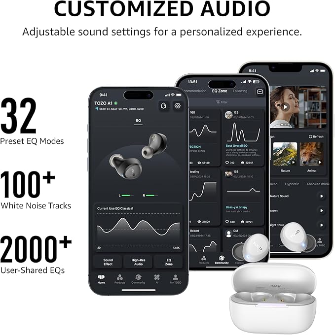 TOZO A1 Wireless Earbuds Bluetooth 5.3 Light Weight in Ear IPX5 Waterproof Headphones 2 Mic for AI Calls, Immersive Premium Sound Bass Headset with Charging Case, 32 Presets EQ Customization via App-StrideForce Fitness