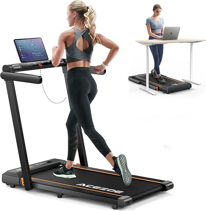 2 in 1 Folding Treadmills for Home Small Office, 2.5HP Walking Pad Treadmill with Handle Bar, 300lbs Capacity, Copmact Protable Treadmill with Smart APPs, 12 HIIT Modes and Touch Screen-StrideForce Fitness