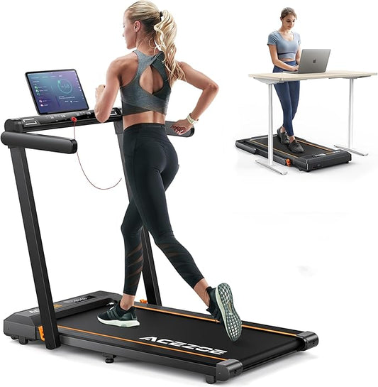 2 in 1 Folding Treadmills for Home Small Office, 2.5HP Walking Pad Treadmill with Handle Bar, 300lbs Capacity, Copmact Protable Treadmill with Smart APPs, 12 HIIT Modes and Touch Screen-StrideForce Fitness