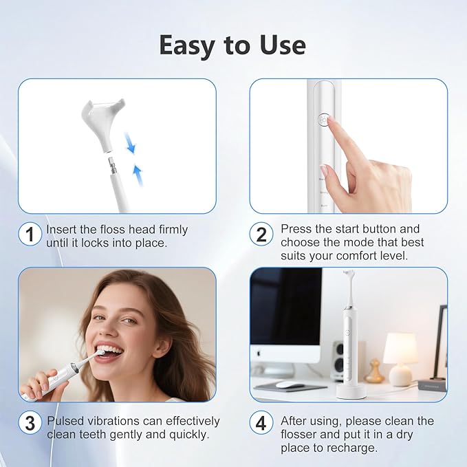 Electric Flosser, 3 in 1 Electric Teeth Flosser for Teeth, 4 Speeds+60 Reusable Non-Toxic Replacement Heads, Tongue Scraper & Gum Stimulator, Ultrasonic Power Flossing for Adults & Kids