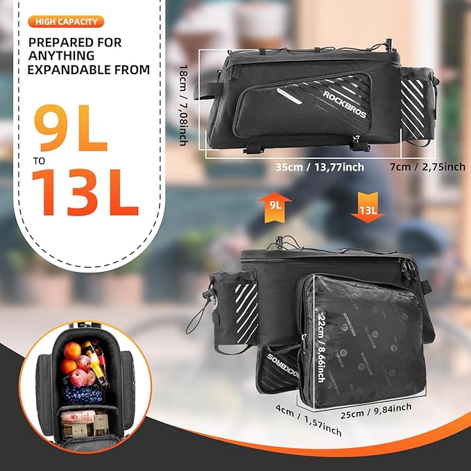 ROCKBROS Bike Rack Bag Bicycle Bag Trunk Rear Rack Bag Bike Panniers Bike Accessories Basket Storage Luggage Saddle Shoulder Bag 13L for E bike, Bicycle With Rain Cover Biking Accessories Gear-StrideForce Fitness