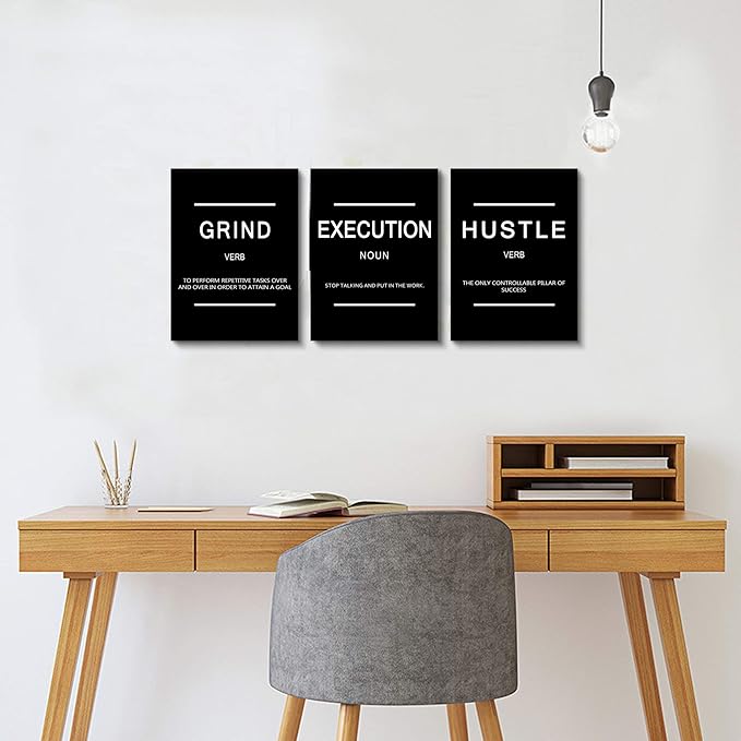 Framed Canvas Wall Art Success Quote, Office Wall Art, Black Large Poster, Positive Motivational Set of 3 Prints, Execute Failure Definition, Inspirational Print (B-3pcs,12x16inchx3pcs)-StrideForce Fitness