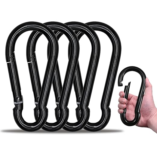 KINLINK 4 Pack Black Carabiner Clip, 7 inch Heavy Duty Spring Snap Hook, Large Caribeener Clips for Camping, Swing Set, Hammock, Hiking, Travel, Weight Lifting Machine, Home Gym Equipment-StrideForce Fitness