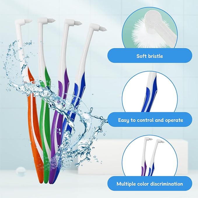 4-Pack Tuft Toothbrushes for Orthodontic Care, Interspace Tufted Brush with End-tuft Tapered Design, Soft Trim Bristles for Braces, Bridges, and Wisdom Teeth Gap, Dental Health Oral Care Tools