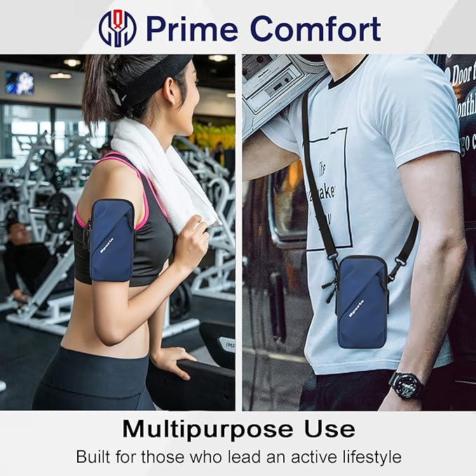 Phone Holder Armband, Small Crossbody Shoulder Holsters Bag with Arm Band, Fits iPhone and Android, Use for Running, Walking, Hiking & Biking (6.7 Inches, Blue)-StrideForce Fitness