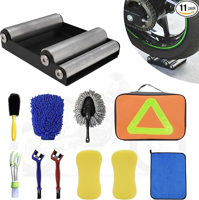 Motorcycle Wheel Cleaning Stand with Cleaning Brush Kit,Universal Roller Paddock for Dirt Street Bike Ebike for Tire Cleaning & Chain Lubrication(Bikes<500 lb & Tire Width<180 mm) (11PCS)-StrideForce Fitness
