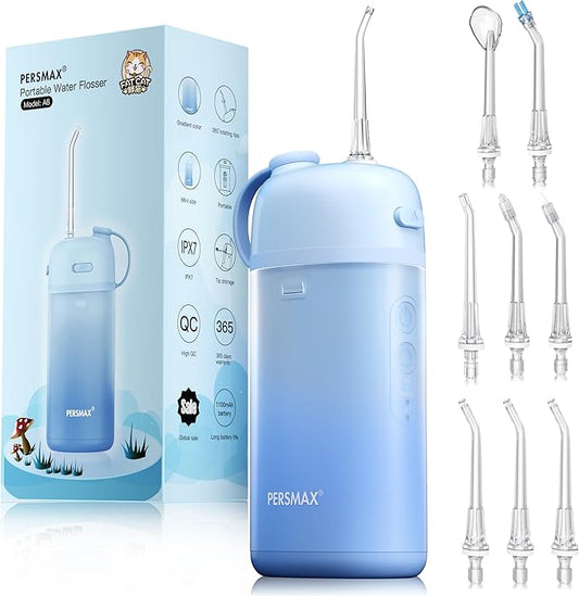 Water Flosser for Orthodontics Teeth Cleaning - Portable Electric Oral Irrigator Pick for Braces, Travel, Kids, with 3 Modes 8 Pressure Settings, 8 Tips, 150ML, IPX7, Gradient Blue