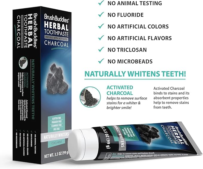 Brush Buddies Charcoal Toothpaste (2 Pack), 3.5 oz | Activated Charcoal Whitening Toothpaste | Fluoride-Free, Cool Mint | Herbal for Sensitive Teeth, Bad Breath & Stains