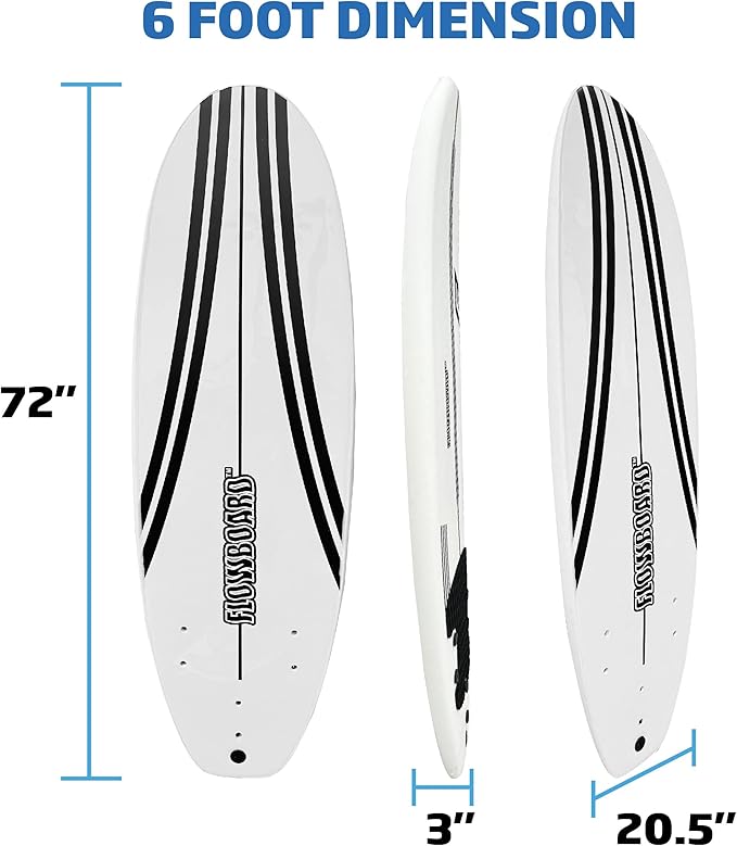 FLOWBOARD Surfboard Softboard Foam - Include (3) Fins 6’ Foot Leash and (2) Wood Stringers Inside Board Availalable in 6' and 7' Short Board and 8' Longboard-StrideForce Fitness