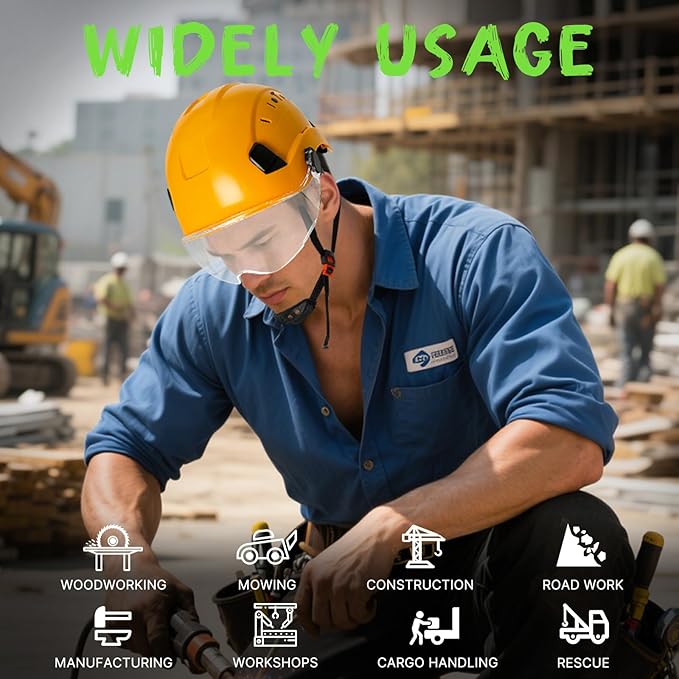 AOLAMEGS Construction Yellow Hard Hats - ANSI Z89.1 Class C Approved Adjustable Vented Hard Hat with Clear Visor for Men Women 6-Point Suspension ABS Safety Helmet for Outdoor Height Work-StrideForce Fitness