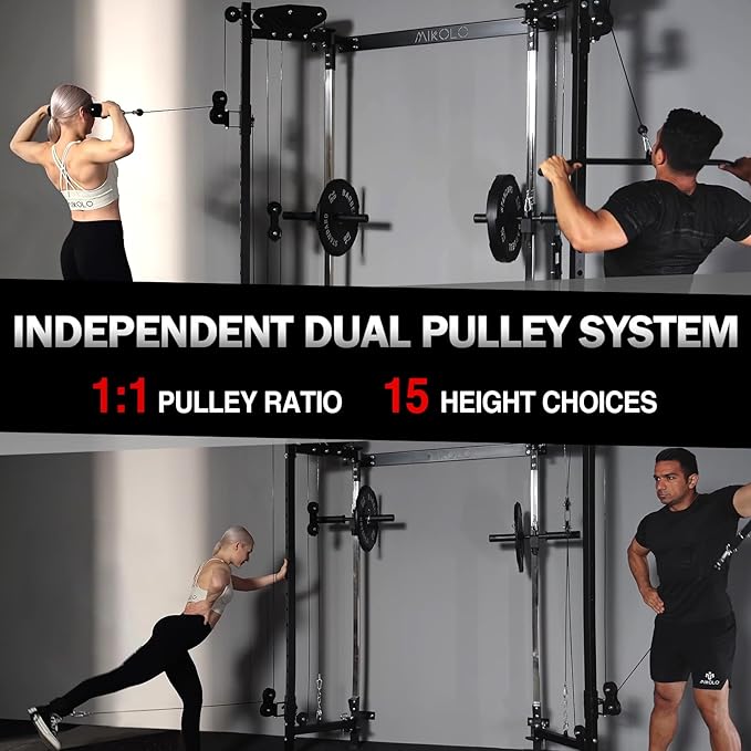 Mikolo Folding Squat Rack, Wall Mounted Power Rack with Cable Crossover Machine & LAT Pull Down, Functional Trainer with 5 Adjustable Function Modes, for Home Gym and Space Saving-StrideForce Fitness