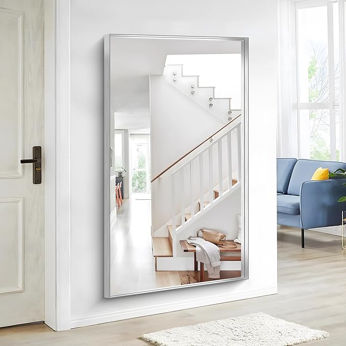 Silver Bathroom Mirror, 36x60 Inch Rectangular Deep Frame Mirror, Large Wall Mounted Bathroom Vanity Mirror Over Sink for Bedroom,Restroom, Living Room, Hangs Vertically or Horizontally-StrideForce Fitness