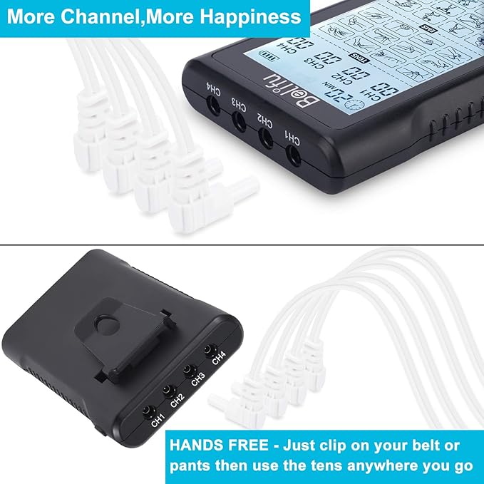 Belifu 4 Independent Channel TENS EMS Unit, 24 Modes,30 Level Intensity Muscle Stimulator Machine, Rechargeable Electric Pulse Massager with 10 Pads&5 Set Leads Wires, for Pain Relief Therapy(Black)-StrideForce Fitness