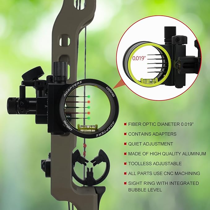 Archery 5-Pin Bow Sight - 0.019" Fiber, Brass Pin, Aluminum Machined - Right and Left Handed, with Hi-Vis Level for Archery, Hunting, Shooting-StrideForce Fitness