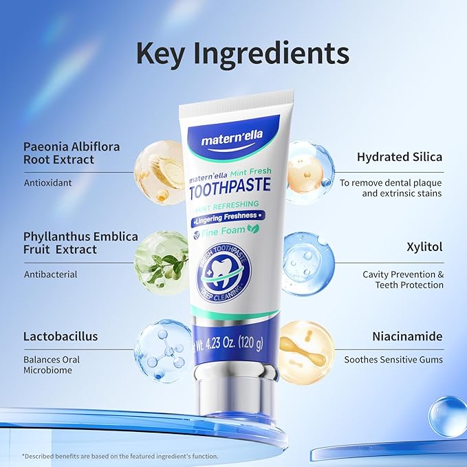 matern'ella Toothpaste for Sensitive Gums, Fluoride & SLS Free, Removing Stains Hydrated Silica, with Probiotics & Xylitol Mint Fresh 4.23 oz Pack of 3