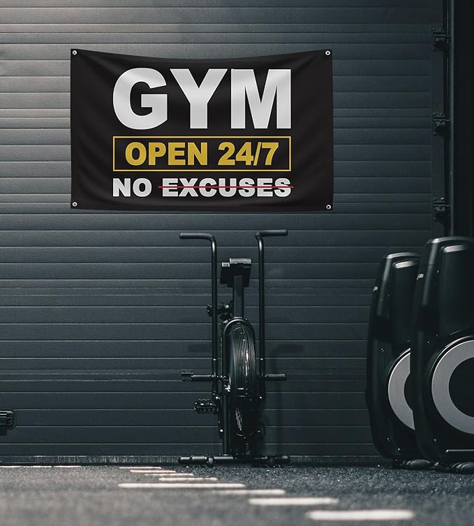 GYM OPEN 24/7 INDOOR NO EXCUSES Motivational Gym Banner, 3x5 Ft Single-sided Printing Inspirational Wall Decor Flag, Perfect Motivational Wall Decor, Keep Motivated and Passion with Gym Flag-StrideForce Fitness