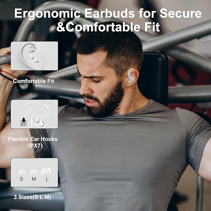 Wireless Earbuds Bluetooth 5.3 Headphones Sports, 48Hrs Playtime Bluetooth Earbuds with CVC 8.0 Mic, 2025 Stereo Bass Over Ear Bud with Earhooks, LED Display, IP7 Waterproof Earphon for Running White-StrideForce Fitness