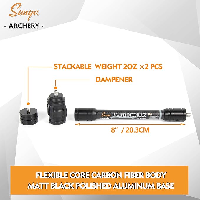 SUNYA Archery Bow Stabilizer for Compound Bow, Carbon Fiber Body Flexible Core, Damping System and Weights Kit, 8",10",12" 15" in Expedition Series-StrideForce Fitness