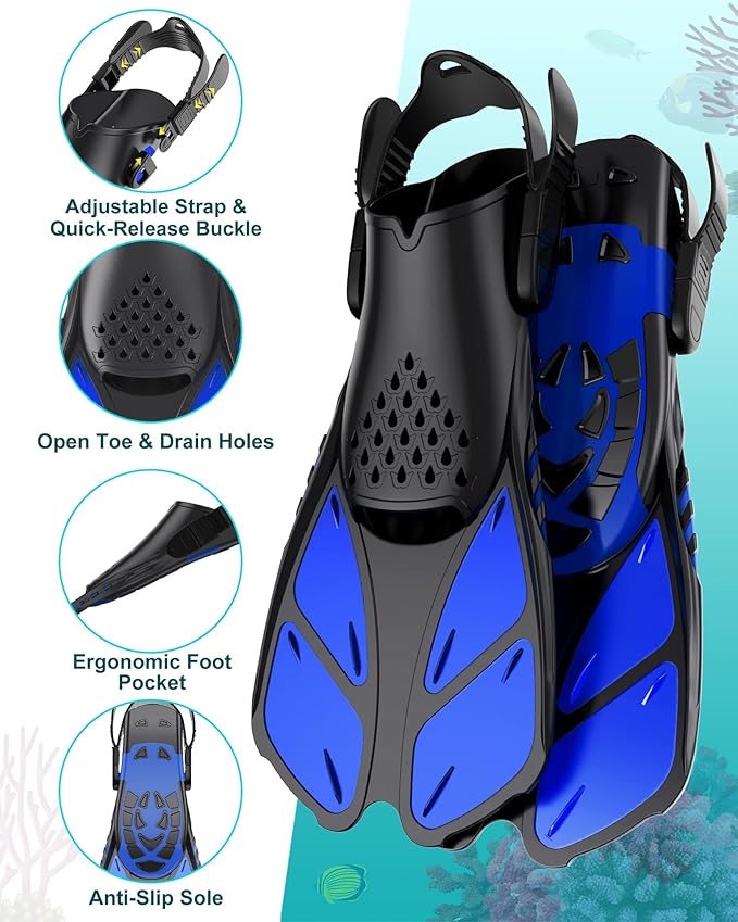 Mask Fins Snorkeling Gear for Adults, Full Face Snorkel Mask & Adjustable Swim Fins Snorkel Set, Panoramic View Snorkel Mask Dry Top Anti-Fog Anti-Leak-StrideForce Fitness