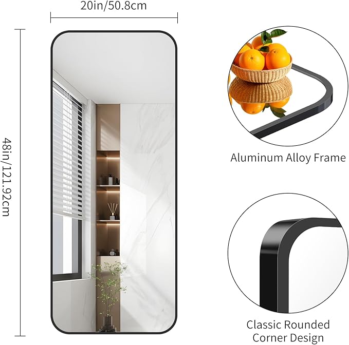 FORBATH Bathroom Mirror 20" x 48", Rectangle Black Bathroom Mirror with Black Aluminum Frame Rounded Corner, Wall Mounted Mirror for Bedroom Entryway Living Room-StrideForce Fitness