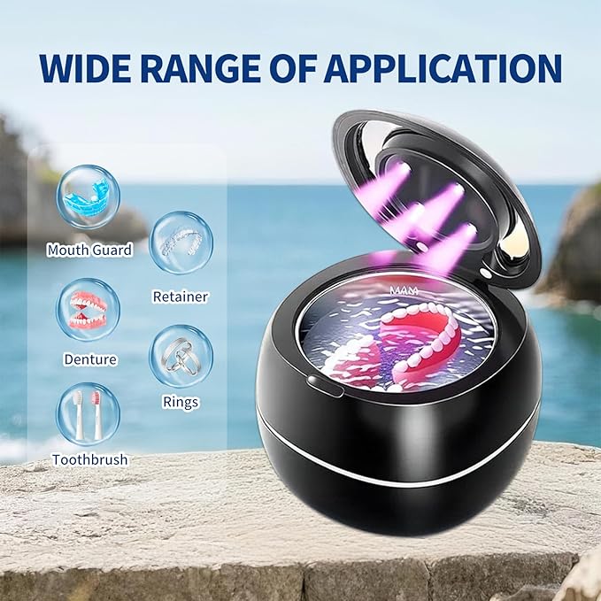 Ultrasonic Denture Cleaner Machine,Portable 42kHz with UV Light Sonic False Teeth Cleaning Kit for Retainers, Aligners, Dentures, Mouthguards, Braces, Jewelry - One Button Operation, Black