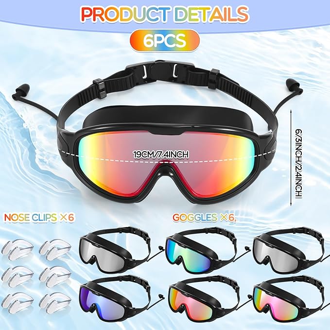 Kanayu 6 Pieces Swimming Goggles Wide View No Leaking Anti Fog Adult Swim Goggles with Earplugs Nose Clip for Adult Men Women-StrideForce Fitness