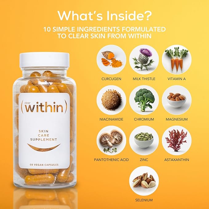 Clear Within Clear Skin Vitamin - with 10 Natural Ingredients for Acne-Free, Clearer Complexion, Oil Control & Blemish Minimization. Supports Skin Clarity | Non-Synthetic 60 Cap/Bottle-StrideForce Fitness