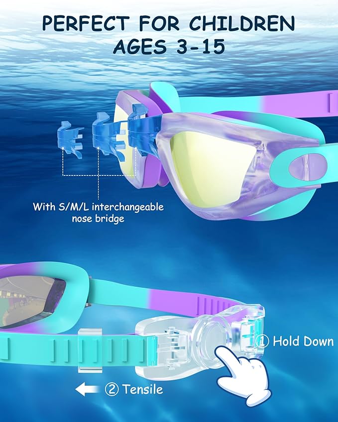 Kids Swim Goggles, Swimming Goggles for Kids Toddlers 3-14 with Swim Cap, Nose Clip, Nose Bridge, Ear Plugs-StrideForce Fitness