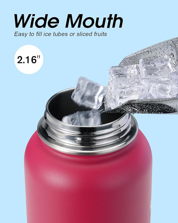 Water Bottle 40 oz Insulated with Straw&Brush, Coolflask Vaccum Stainless Steel Metal 3 Lids Water Flask for Sports, Gym or Office, Keep Cold 48H Hot 24H, Ombre Wine/Navy-StrideForce Fitness