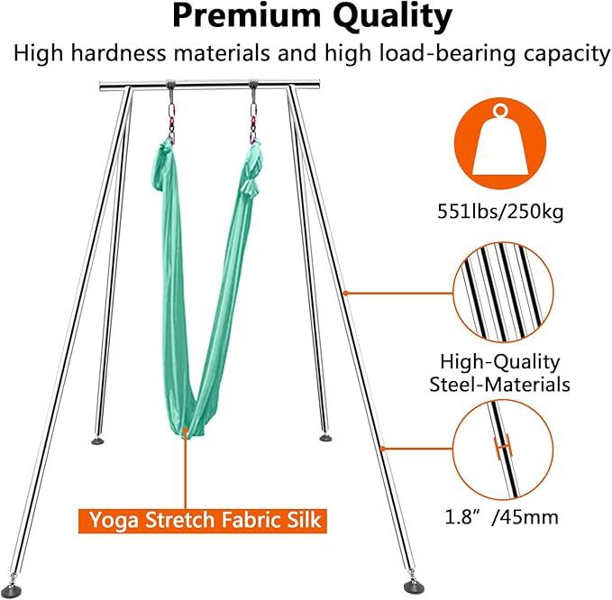 TECSPEC 9.6 FT/115.3 Inch Adjustable Height Aerial Yoga Frame & Hammock, Professional Swing Stand with 18 FT/33FT Aerial Silk, 550lbs Max Capacity-StrideForce Fitness