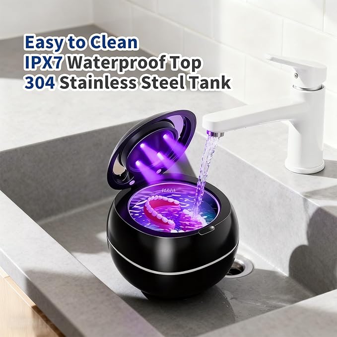 Ultrasonic Denture Cleaner Machine,Portable 42kHz with UV Light Sonic False Teeth Cleaning Kit for Retainers, Aligners, Dentures, Mouthguards, Braces, Jewelry - One Button Operation, Black