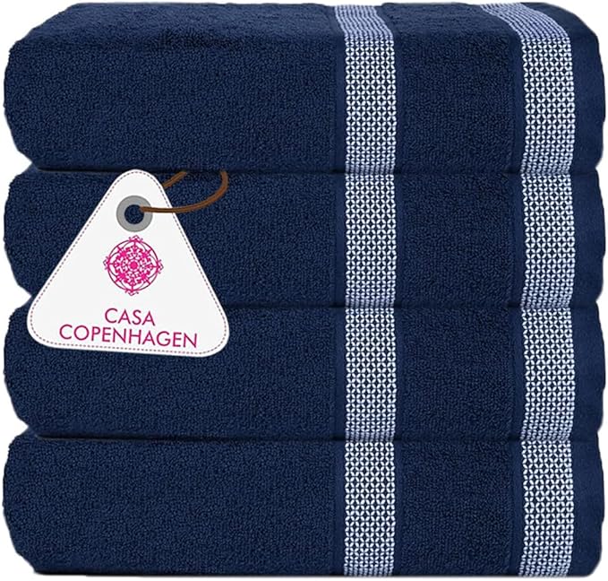 CASA COPENHAGEN Solitaire Towels, 4 Pieces Bath Towel Set- Navy, 600 GSM Designed in Denmark Made of Soft Egyptian Cotton for Bathroom, Kitchen & Shower-StrideForce Fitness