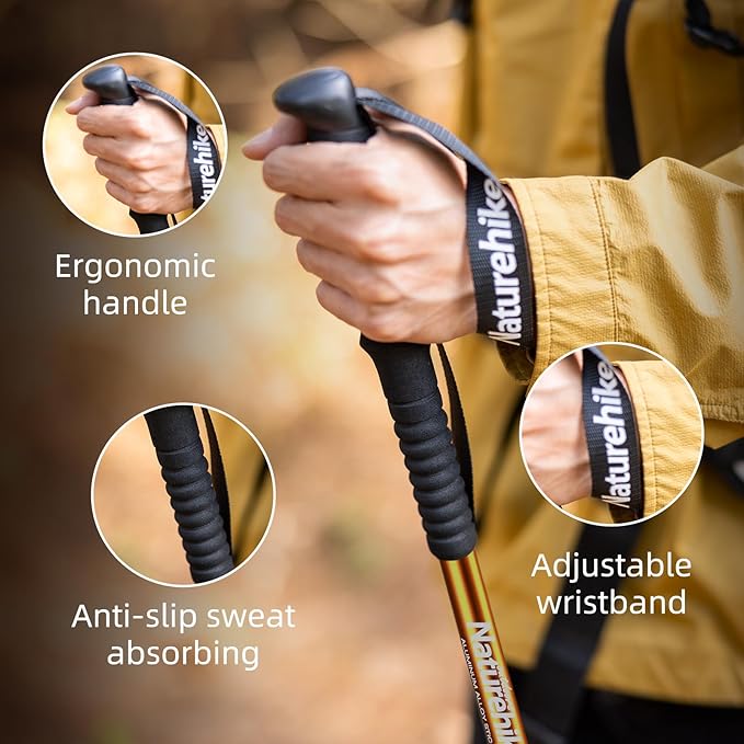 Naturehike Collapsible Trekking Poles, Adjustable Lightweight Aluminum Hiking Poles, Shock Absorption with Wrist Straps for Hiking and Daily Use, Yelllow/Green (Set of 2)-StrideForce Fitness