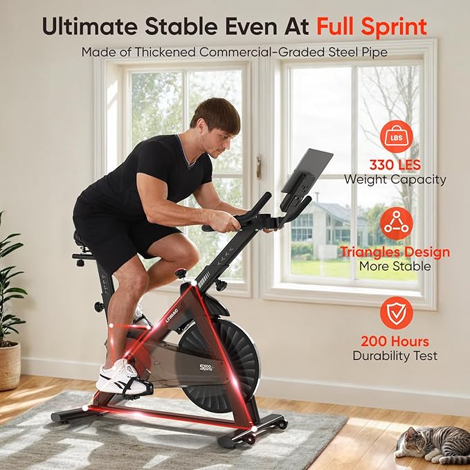 Exercise Bike, Stationary Bike for Home/Indoor Cycling Bike Silent Belt Drive, Stationary Bike with 300lbs Weight Capacity w/Comfortable Seat Cushion & Tablet Mount-StrideForce Fitness
