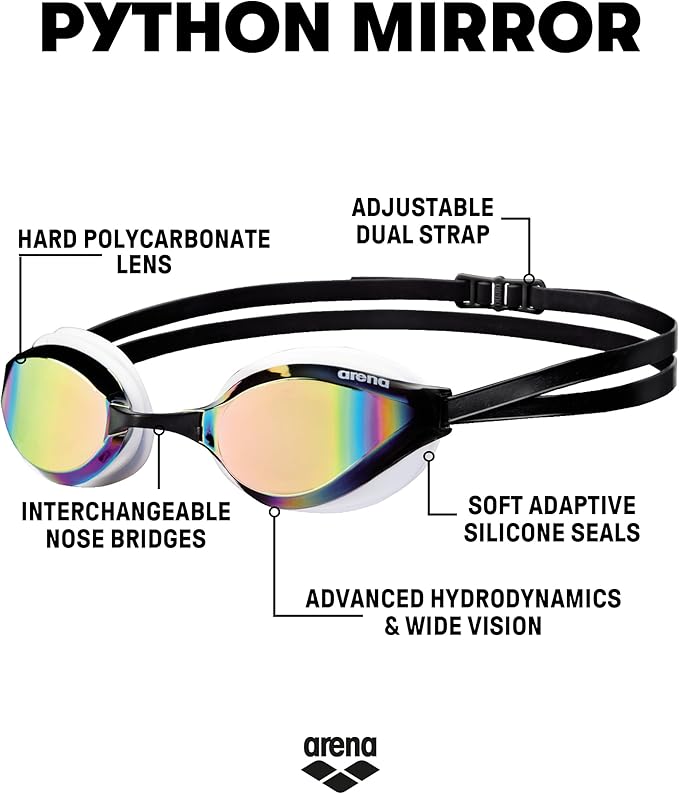 ARENA Unisex Python Racing Swim Goggles for Men and Women Anti-Fog No Leak Max Comfort Dual Strap, Mirror/Non-Mirror Lens-StrideForce Fitness
